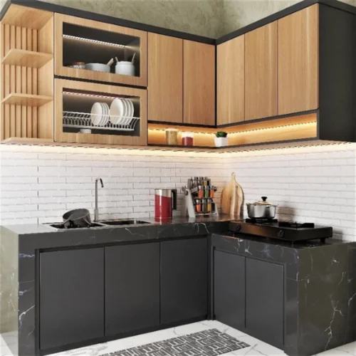 Kitchen Set Modern Minimalis – Black & Natural Wood